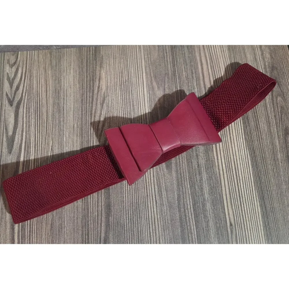 Women's Red Stretch Waist Belt Wide Elastic Bow Faux Leather Snap Closure